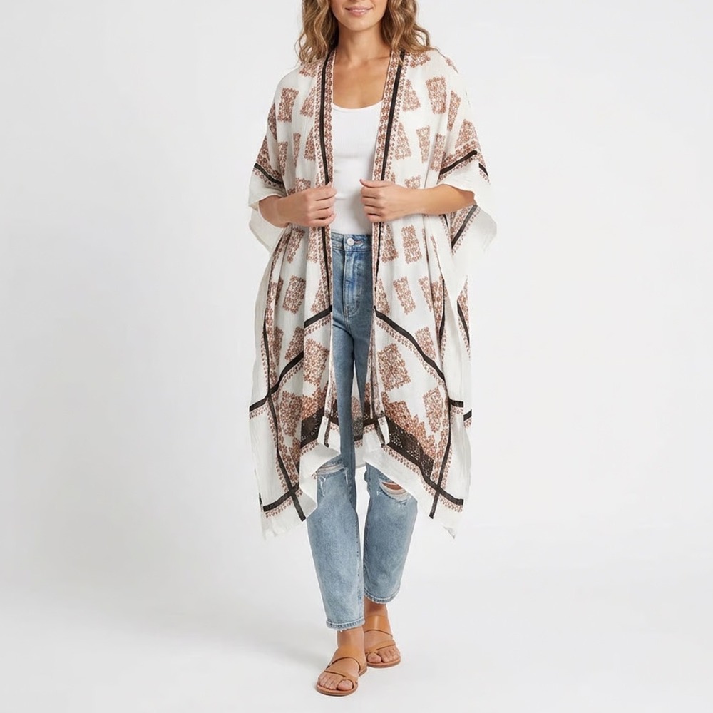 Modena Womens One Size Medallion Print Viscose Kimono Wrap White Rust Black
